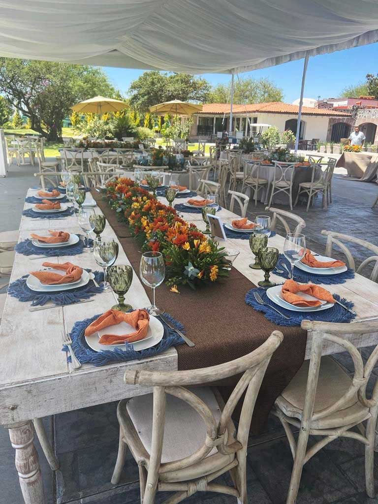 Montaje de jardin con mesa de madera